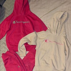 Bundle Champion Kids' Red and Cream Hooded Sweatshirts with hot pink pants